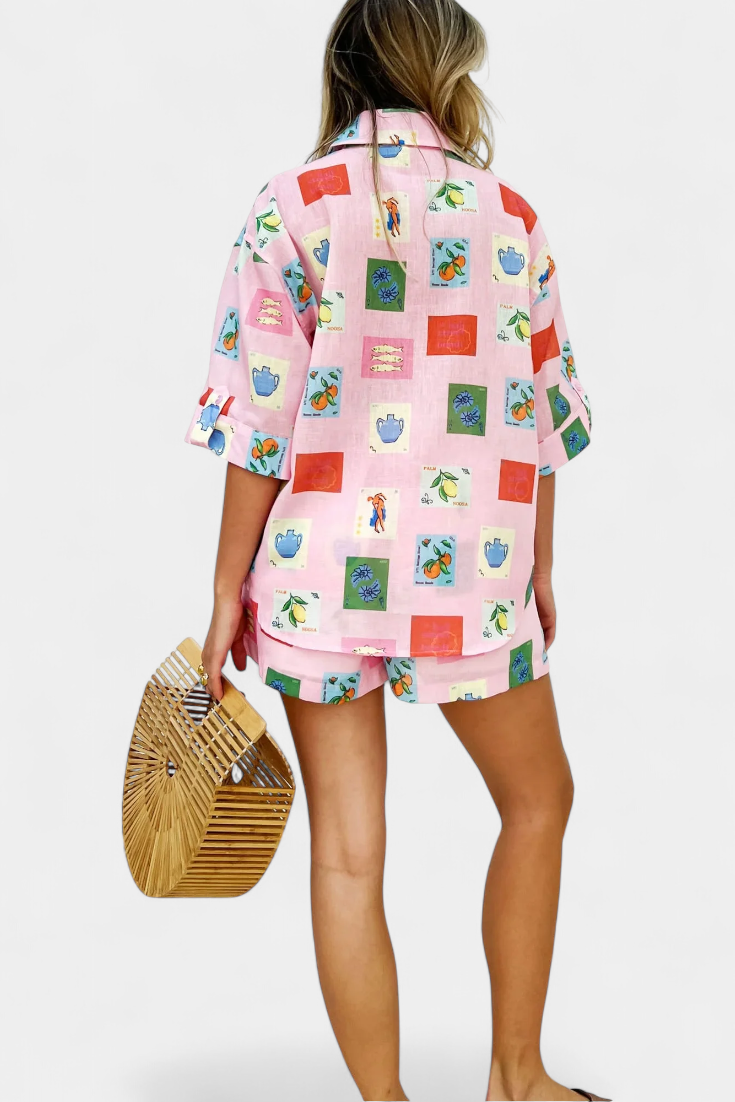 Mariluz Set de Camisa y Shorts con Estampado Rosa