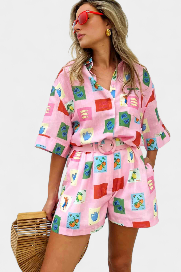 Mariluz Set de Camisa y Shorts con Estampado Rosa
