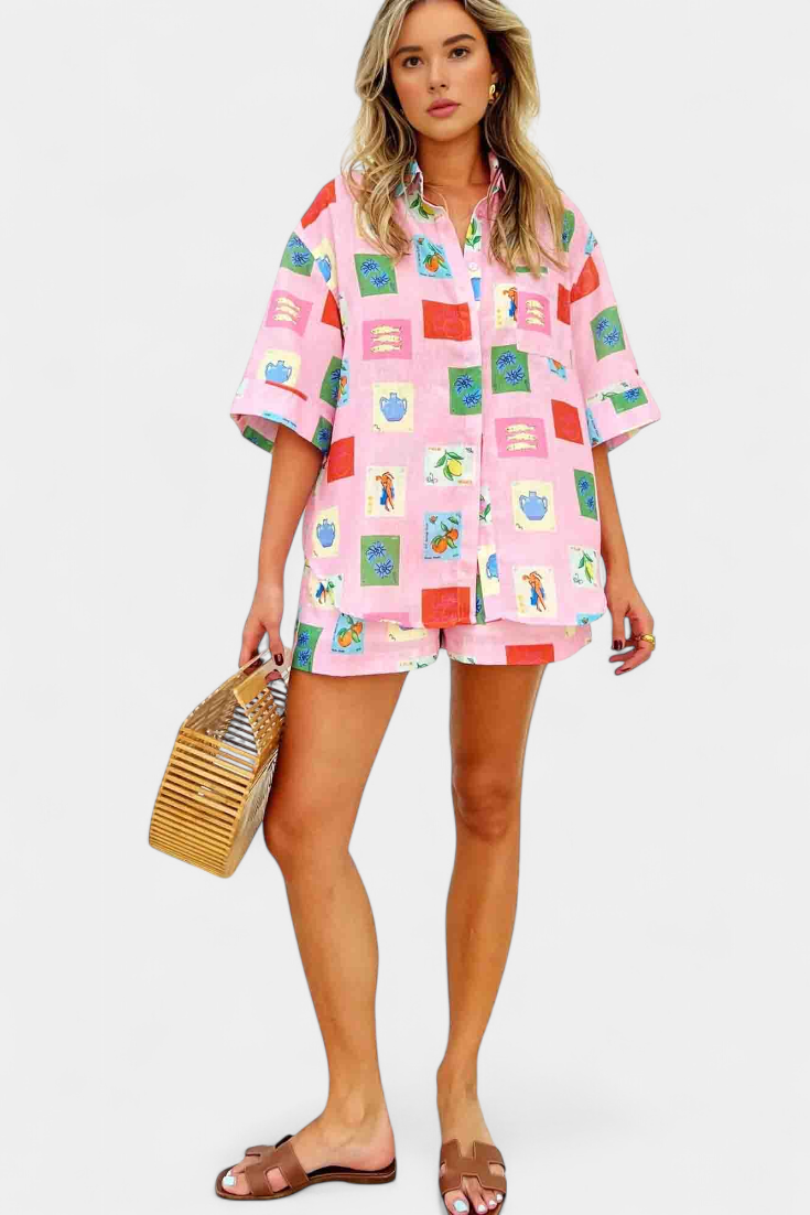 Mariluz Set de Camisa y Shorts con Estampado Rosa