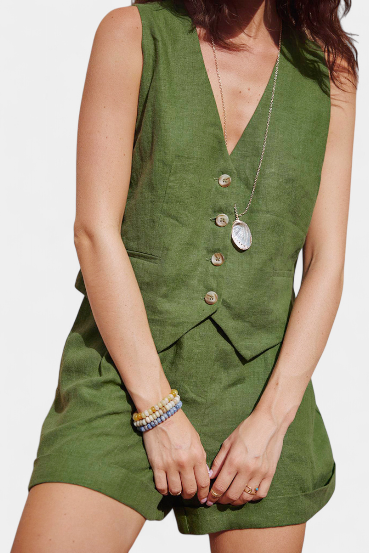 Jennifer Conjunto Chaleco y Pantalones Cortos de Lino Algodón