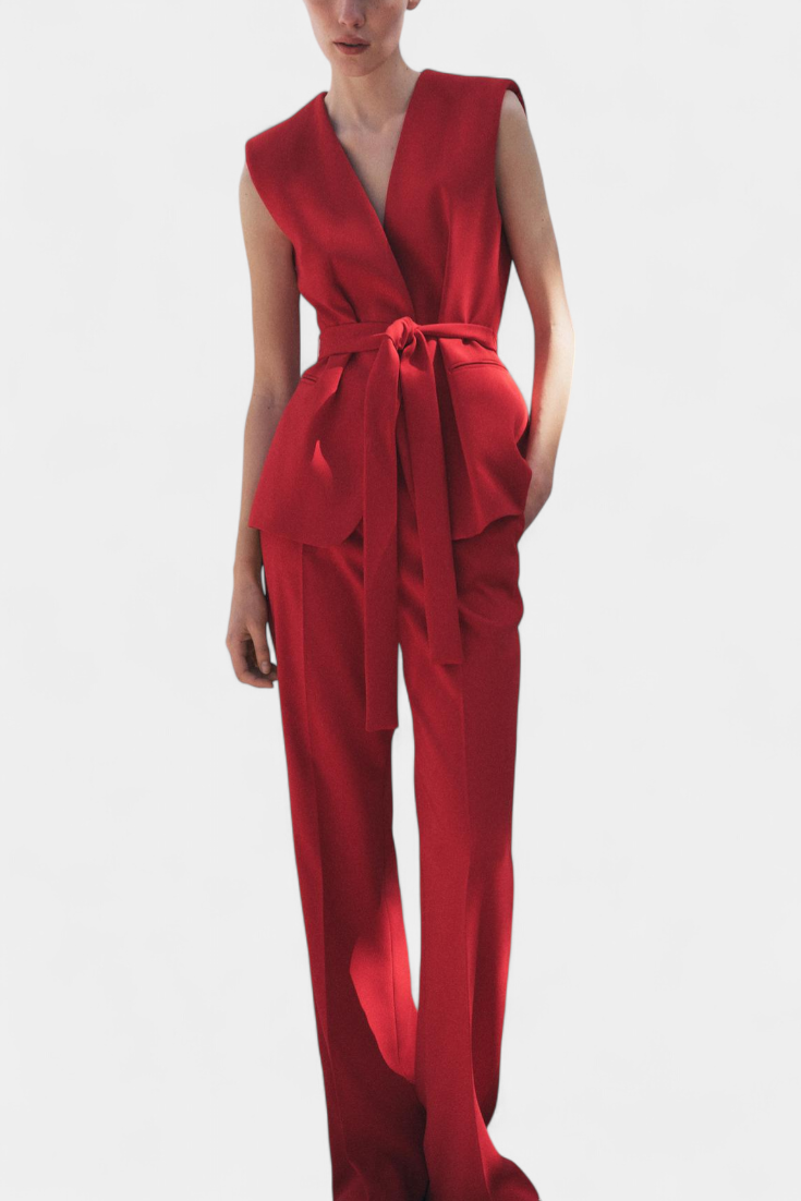 Conjunto Clásico de Chaleco con Cinturón y Pantalón de Pierna Ancha Carlen