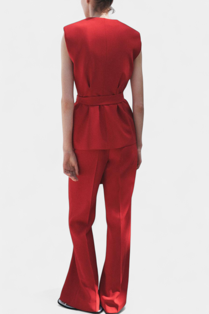 Conjunto Clásico de Chaleco con Cinturón y Pantalón de Pierna Ancha Carlen