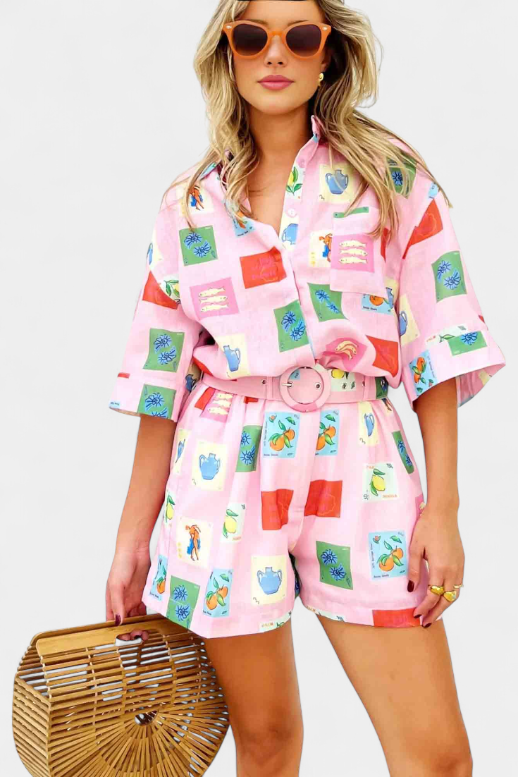 Mariluz Set de Camisa y Shorts con Estampado Rosa