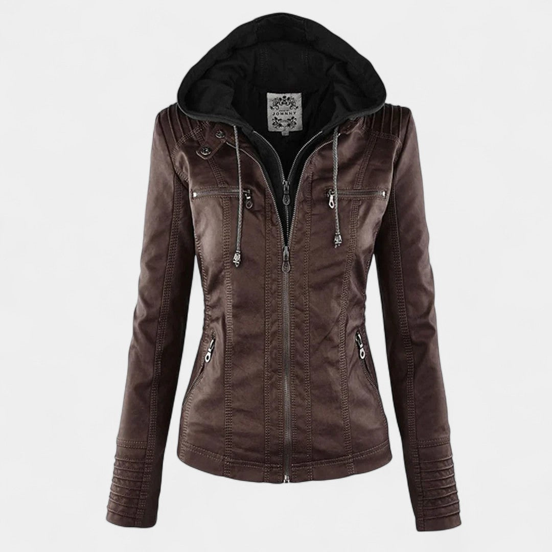 Pia Chaqueta Moderna de Cuero con Capucha