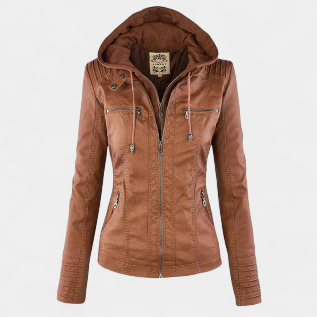 Pia Chaqueta Moderna de Cuero con Capucha