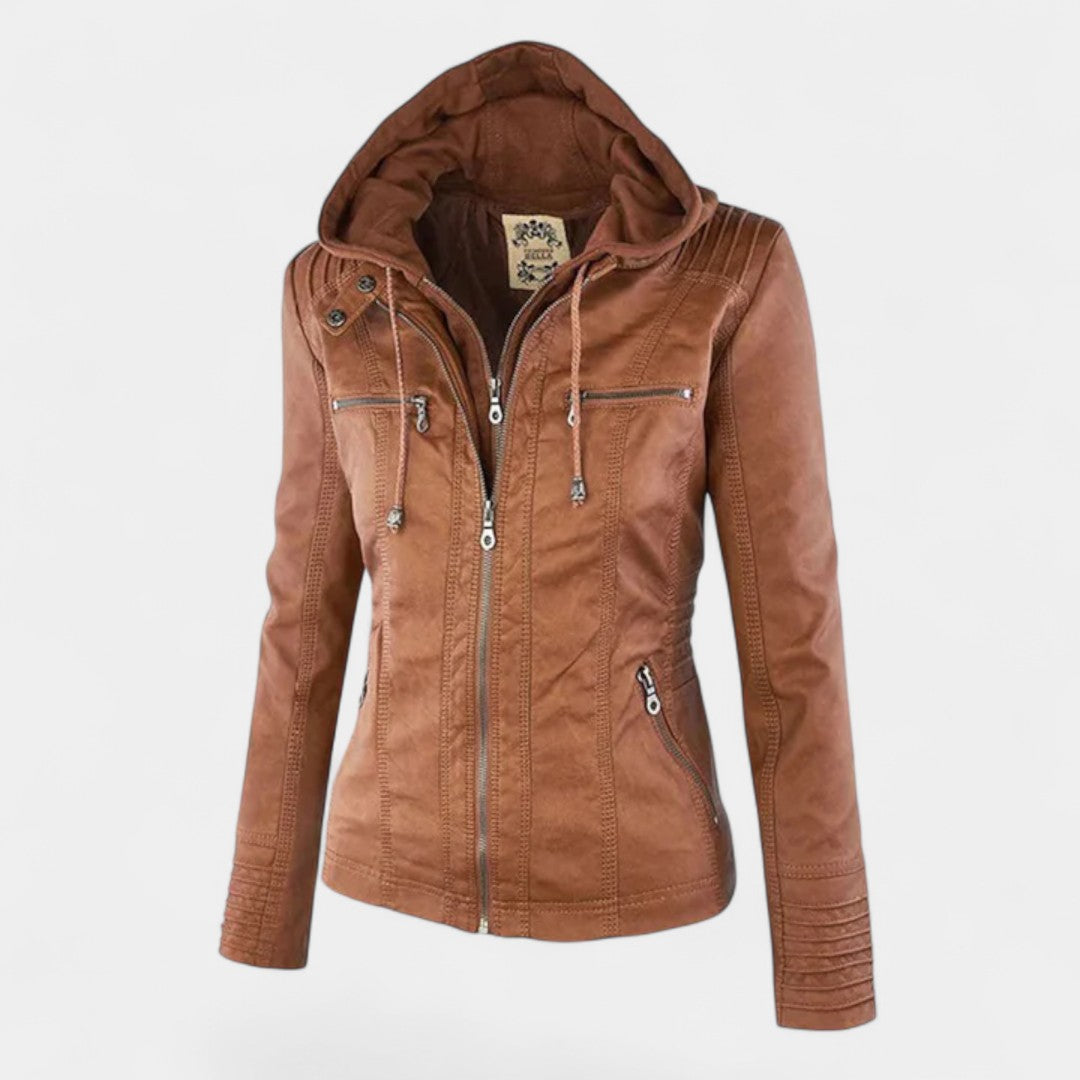Pia Chaqueta Moderna de Cuero con Capucha