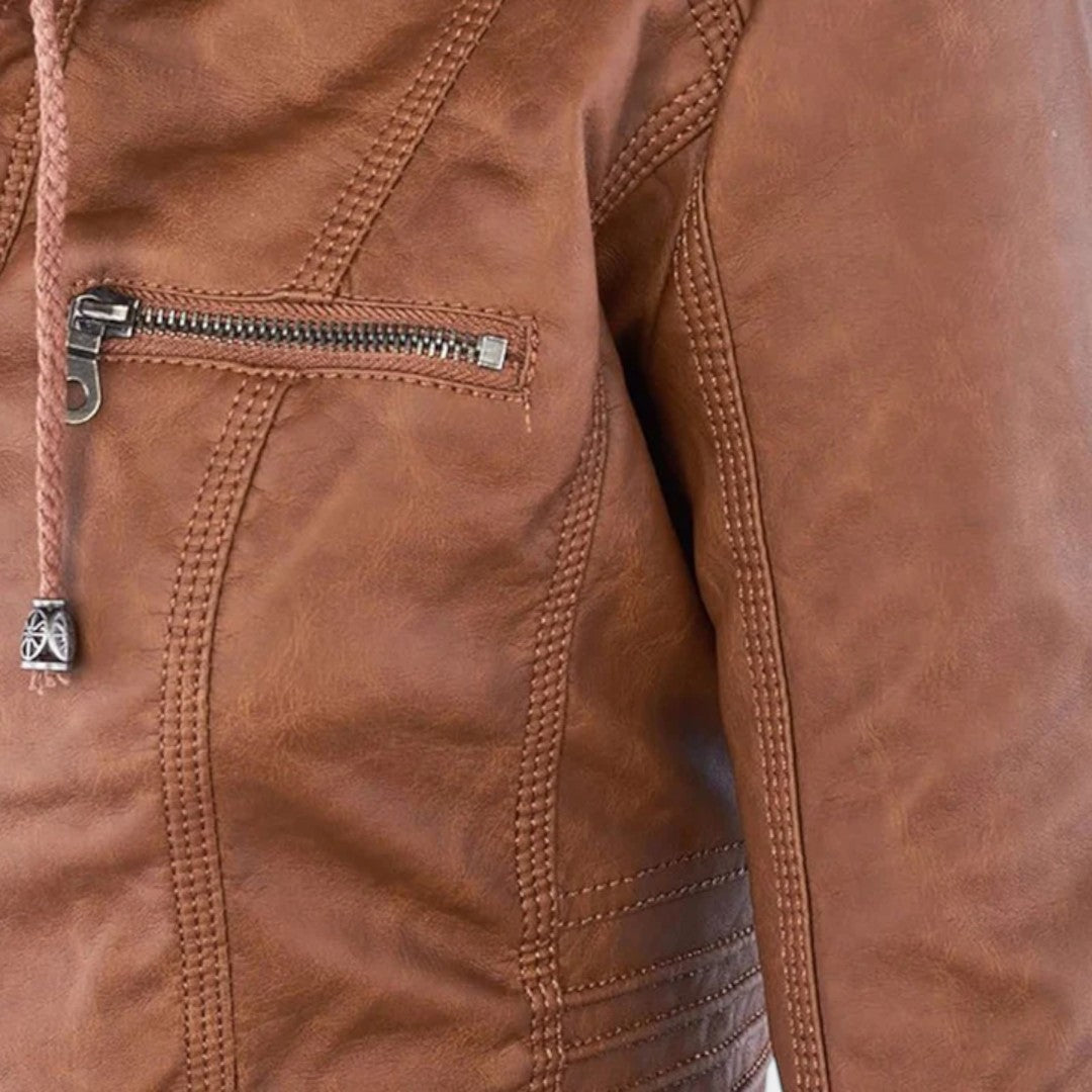Pia Chaqueta Moderna de Cuero con Capucha