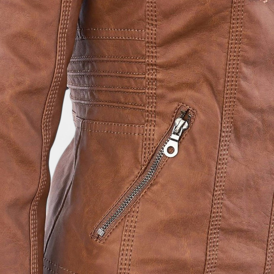 Pia Chaqueta Moderna de Cuero con Capucha
