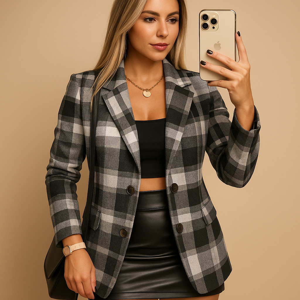 Chaqueta larga acolchada para mujer con estampado a cuadros | Elvira