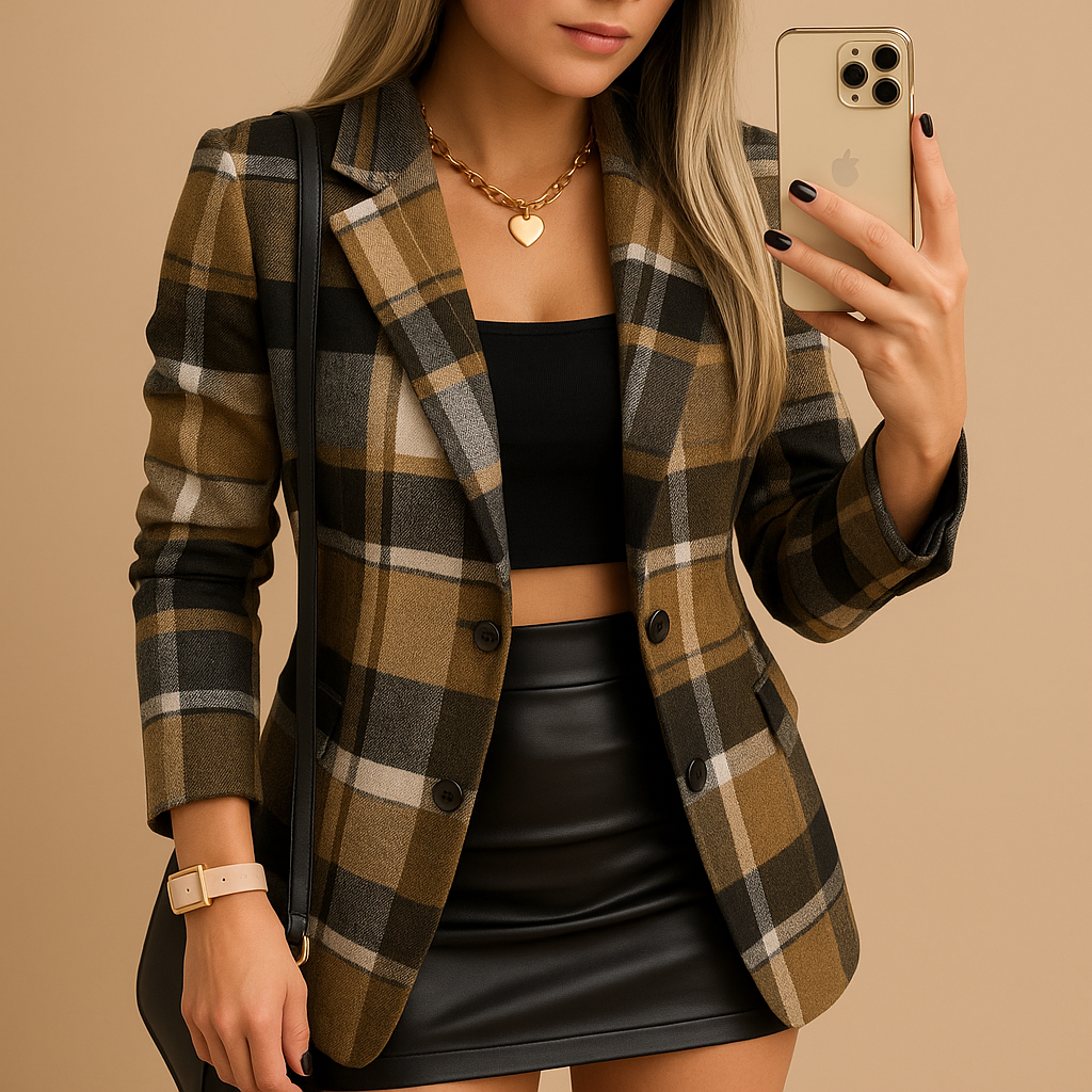 Chaqueta larga acolchada para mujer con estampado a cuadros | Elvira